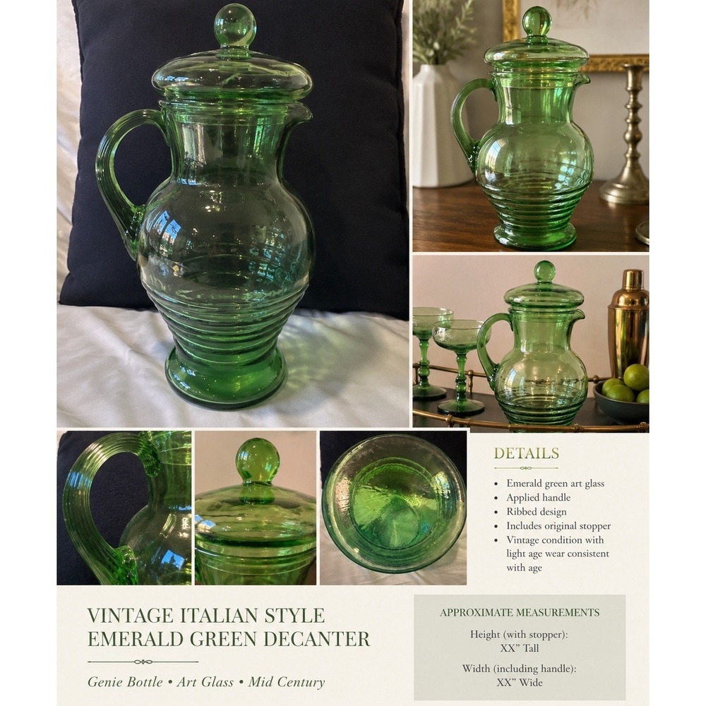 Vintage Empoli Style Emerald Green Glass Decanter Pitcher Applied Handle MCM